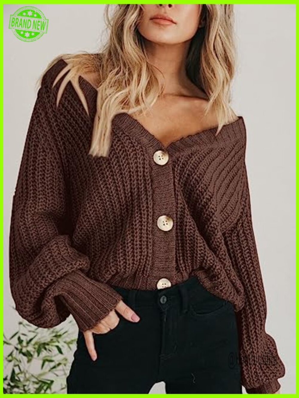 Chunky Knit Open Front Short Cardigan Long Sleeve Button Down V-Neck Loose - Picture 5 of 7